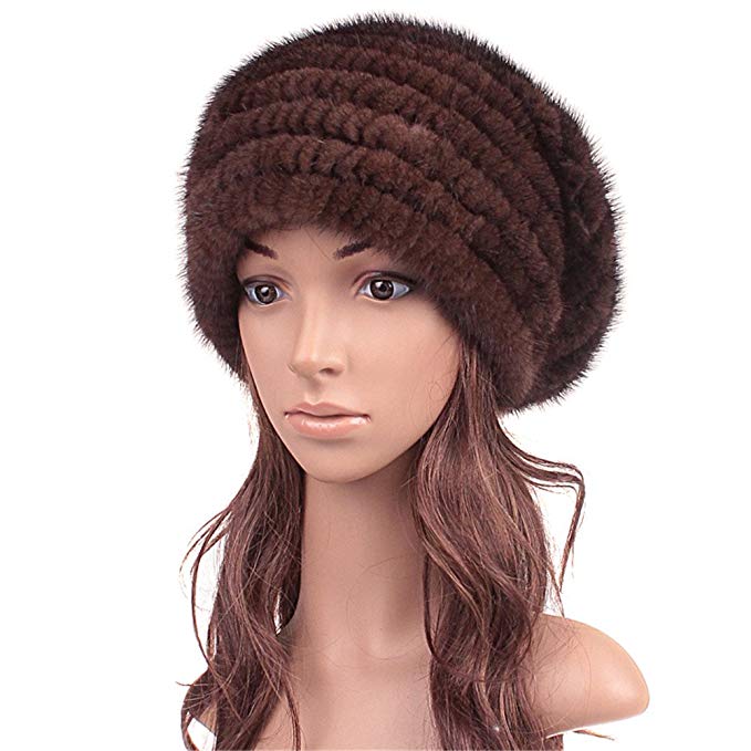 Roniky Genuine Mink Fur Knitted Hat Slouchy Beanie Cap for Women