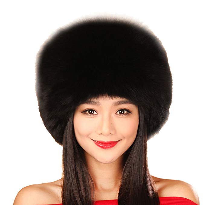 URSFUR Natural Arctic Fox All Fur Zhivago Pill Box Fur Hat with Fox Tail