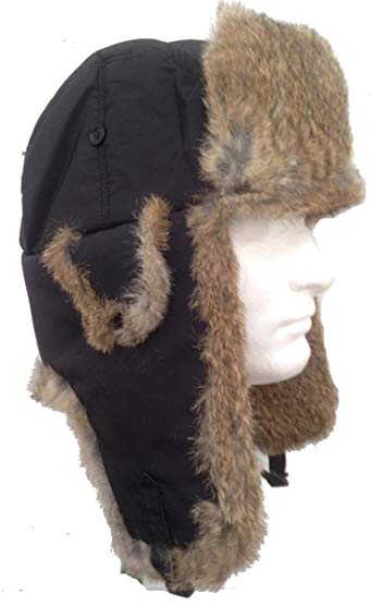 Black Nylon Real Tan Rabbit Fur Trooper Trapper Aviator Hat