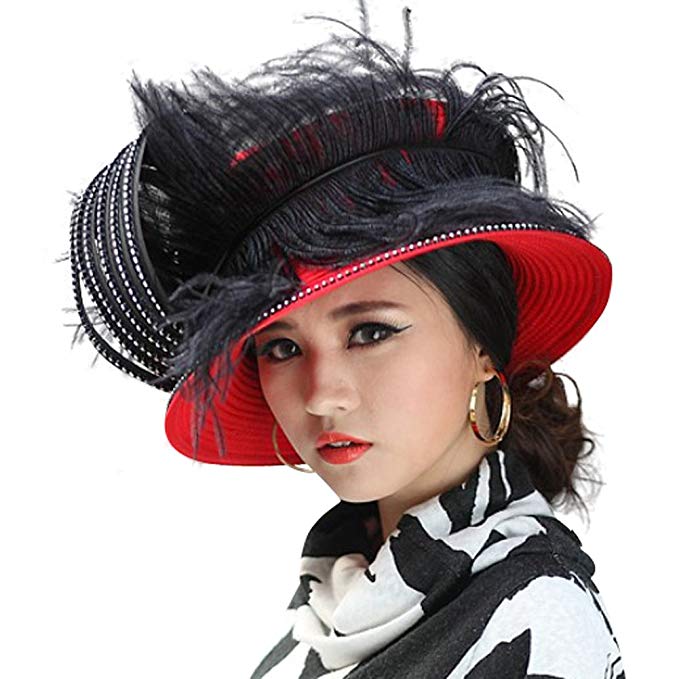 June's Young Women Church Hats Gorgeous Women Hat Wide Brim Satin Feathers