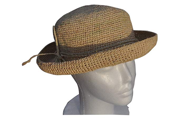 Womens Crocheted Raffia Round Hat with Natural Straw Color. Packable and Foldable by Goal 2020