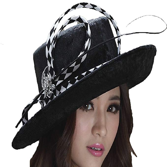 June's Young Woman Black Hats Feather Wide up Brim Leather Made