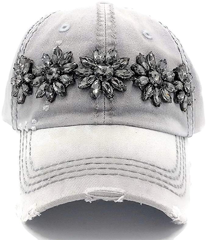 Olive & Pique Women's Sophia Glitz Distressed Bling Baseball Cap