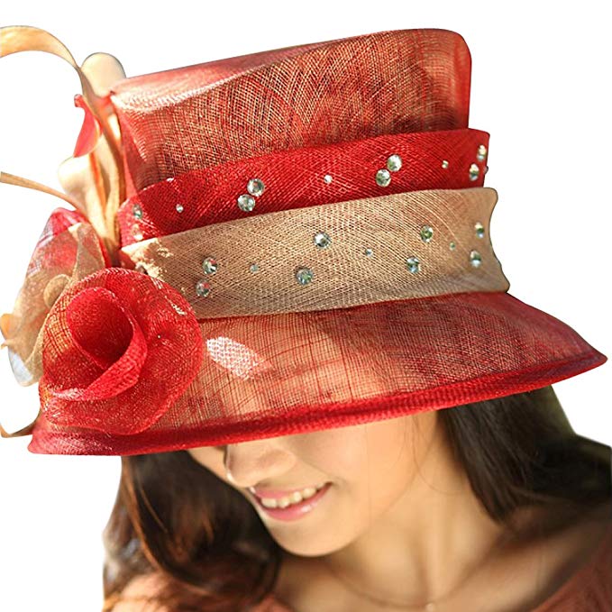 June's Young Sinamay Hat Bowler Brimless Women Hat with Feather (Red)