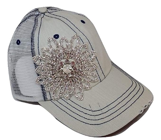 Olive & Pique Women's Stitch Rhinestone Flower Trucker Cap