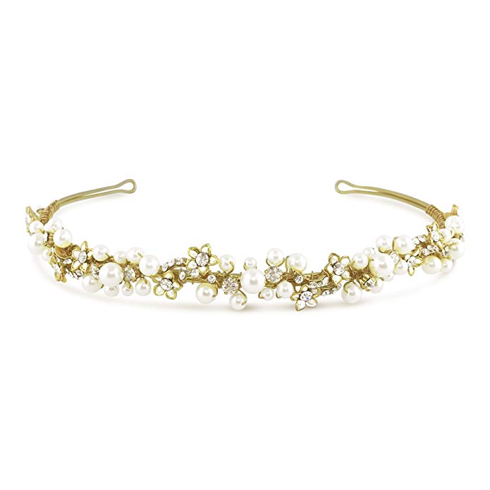 Bridal Gold Pearl Cluster Rhinestone Headband