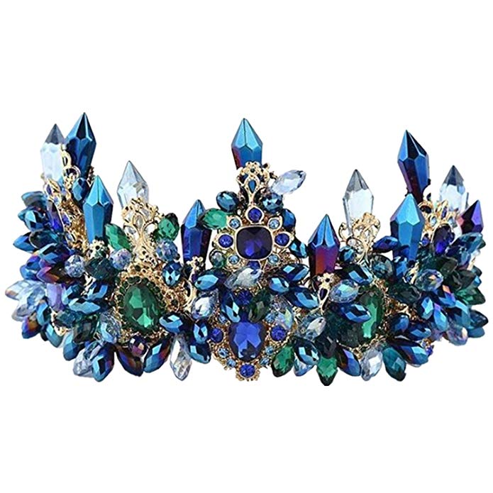 Wiipu Luxury Blue Crystal Royal Headpiece Tiara Rhinestone Crown,5.9