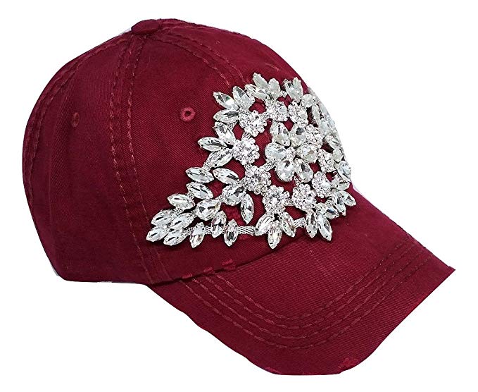 Olive & Pique Women's Large Horizontal Crystal Flower Distressed Baseball Cap