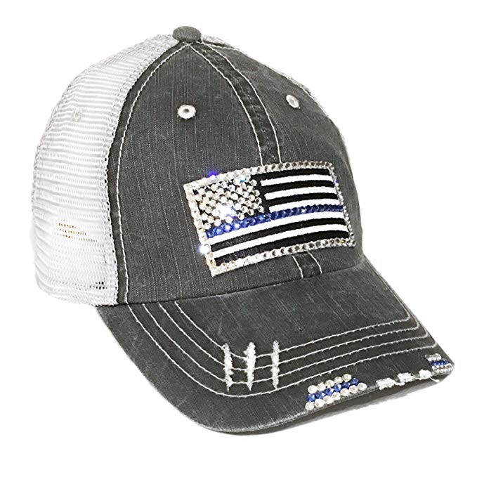 Thin Blue Line Flag Bling Baseball Cap Distressed Trucker Swarovski