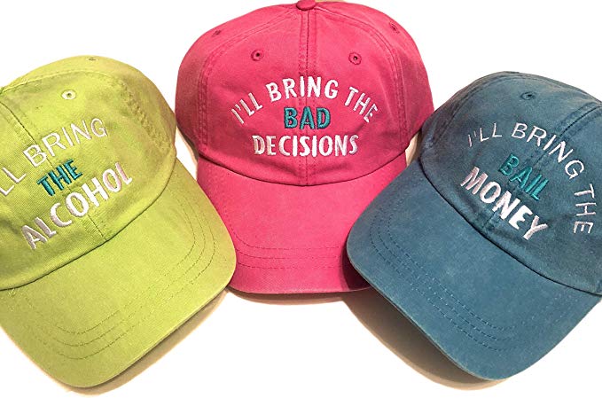 Mary's Monograms I'll Bring The Alcohol/Bad Decision/Bail Money Teal-Lime-Hot Pink Hats