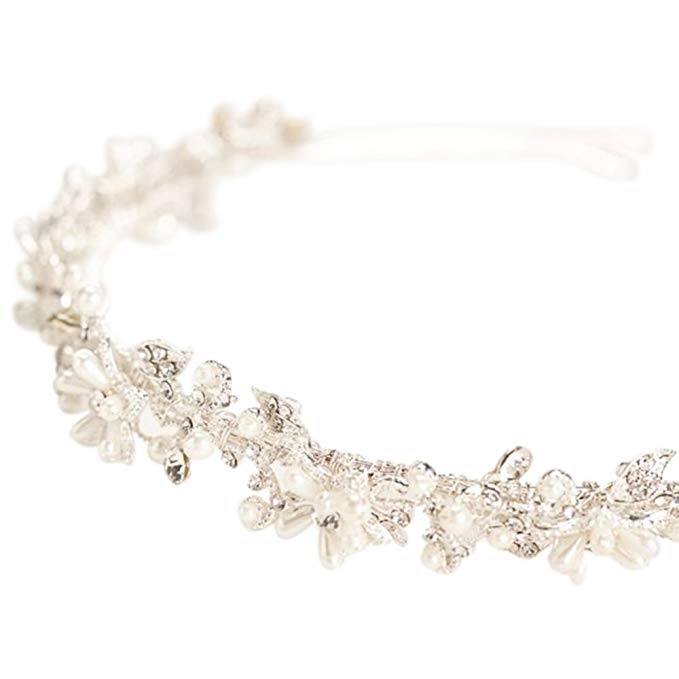 Crystal and Pearl Flower Bridal Headband Style HCT258, Silver