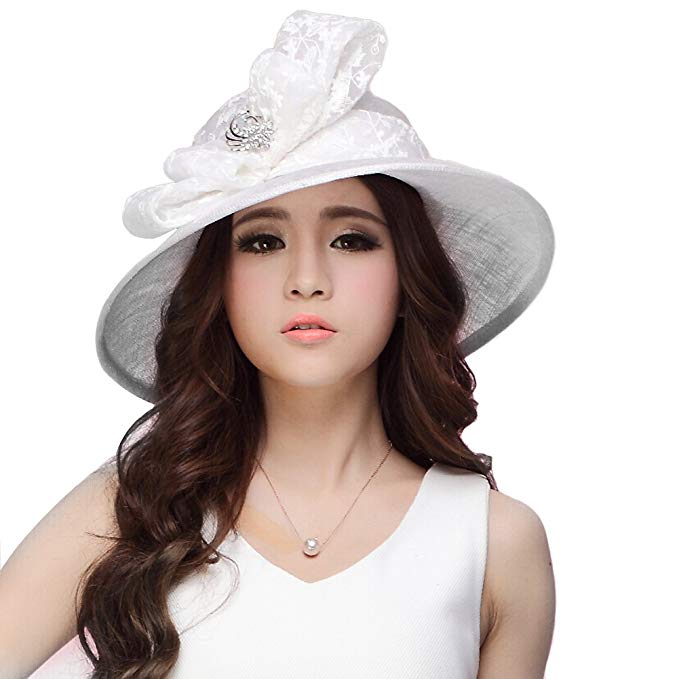 June's Young Women Hat Sinamay Summer White Hat Lace Bow Flower Wide Brim