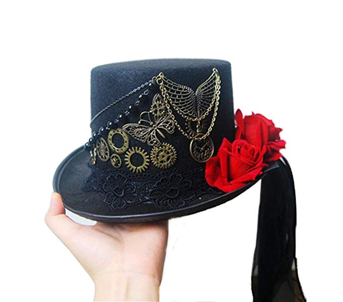 Smilovely Women's Vintage Victorian Gears Rose Decor Steampunk Hat Party Cosplay Top Hat