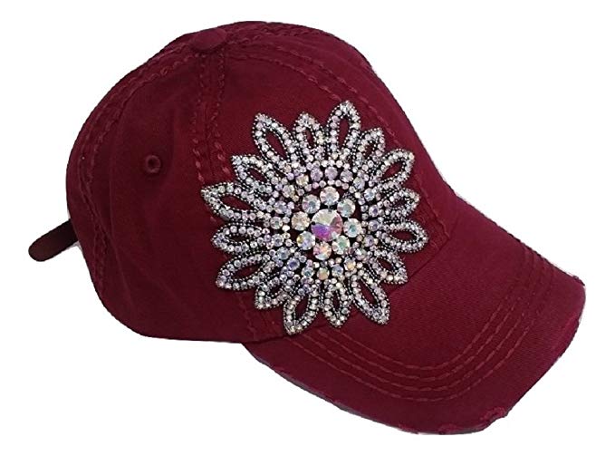 Olive & Pique Women's Large AB Iridescent Crystal Flower Distressed Baseball Cap