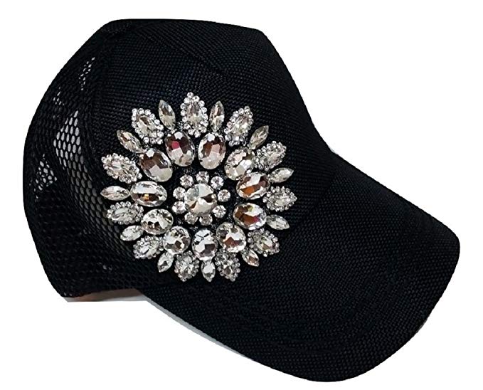 Olive & Pique Women's Big Rhinestone Flower Ball Cap with Net Back