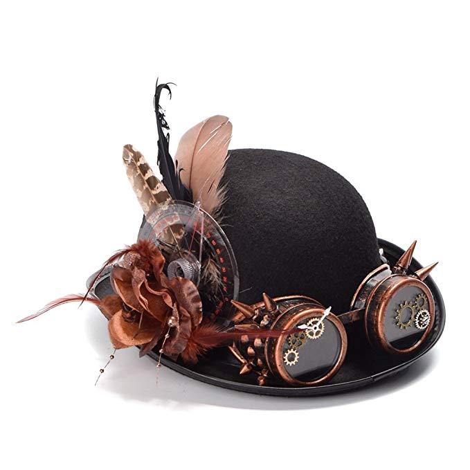 Dig dog bone Women Steampunk Black Bolwer Hat Feathers Gear Glasses Gothic Cosplay Hat