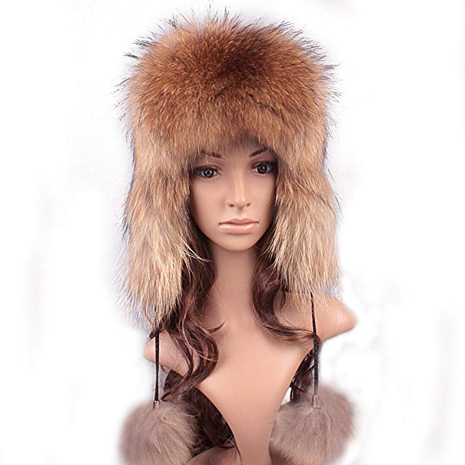 Roniky Women's Real Fox Fur Russian Trooper Ushanka Hat Winter Fur Hat with Ear Flaps