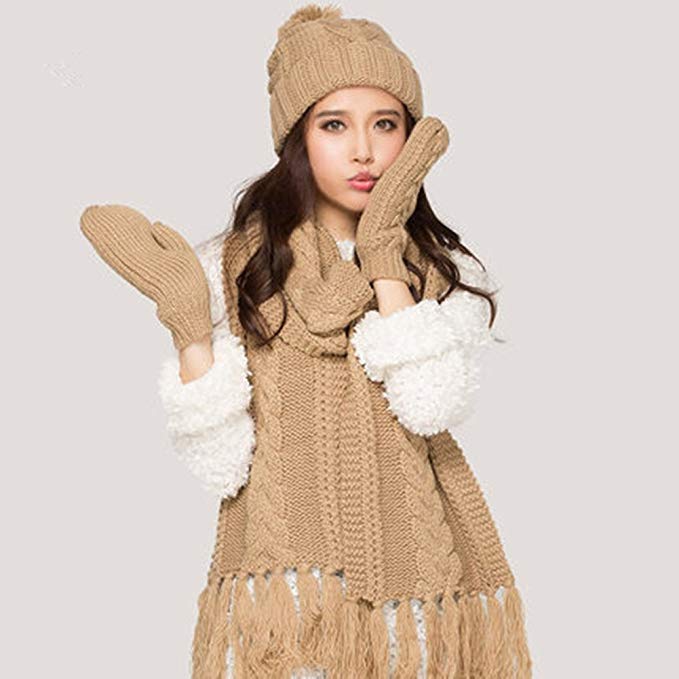 Update Everyday Winter Fashion Warm Faux Fur Inserted Velvet Hoodie Knitted Hat&scarf Set Long Hat Cap with Mitten Scarfs Ears & Paw Print 3 in 1,best, brown