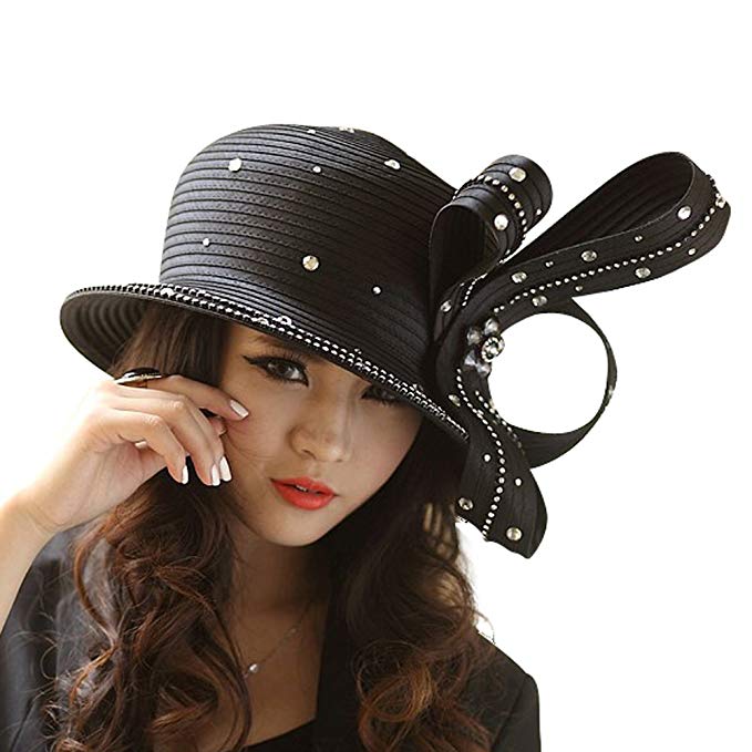 June's Young Women Church Hats Formal Wedding Party Big Bow Elegant Two Colors Stones