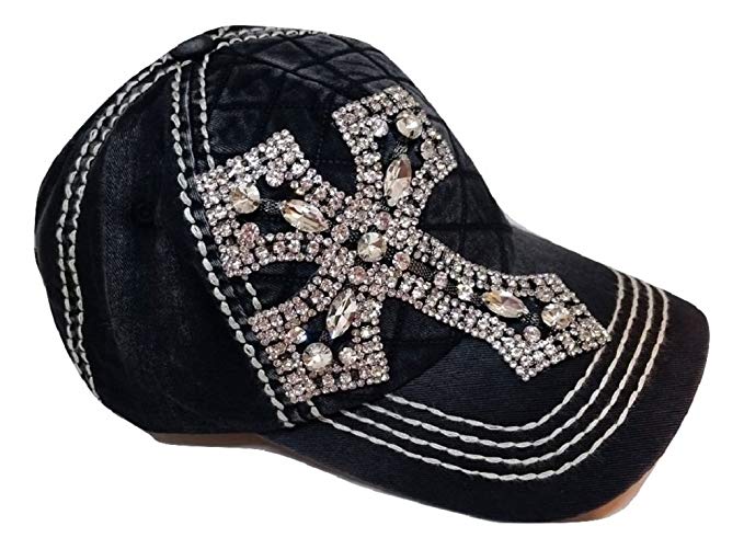 Olive & Pique Women's Rhinestone Cross Quilted Bling Baseball Cap