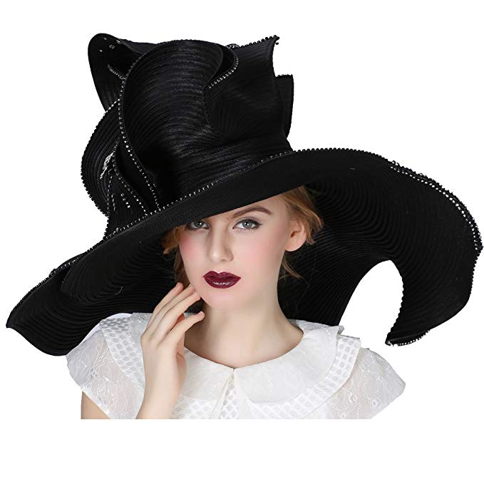 Koola Black Women Church Hat Derby Big Wide Brim Wedding Hat Cocktail Tea Party Cap