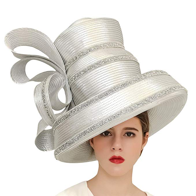 Koola Women's Silvery Church Derby Hat Big Wide Brim Wedding Hat Tea Party Hat