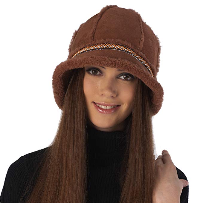 Luxury Lane Women's Genuine Shearling Bucket Winter Hat