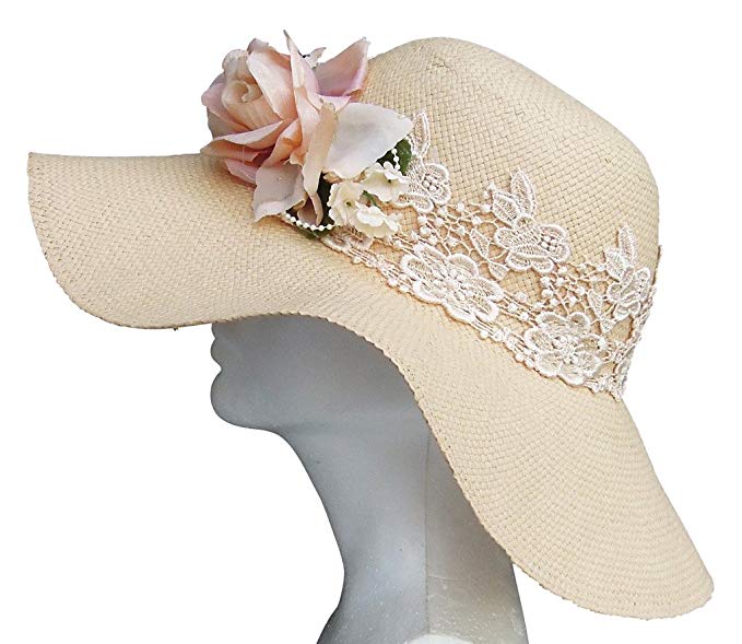 Nature Art Ladies Wide Brim Floppy Straw Sun Hat Wedding Floral Lace Beaded Ecru