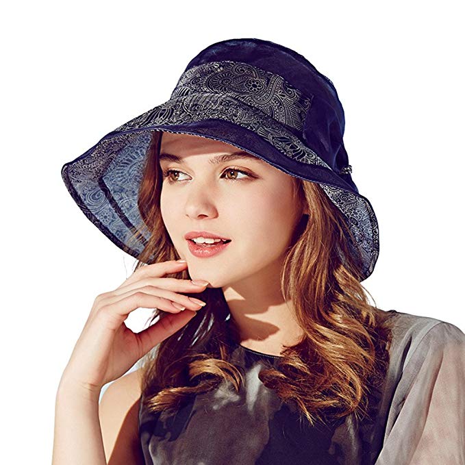 Kenmont Summer Women Wide Brim Silk Folding Vacation Beach Sun Bucket Hat