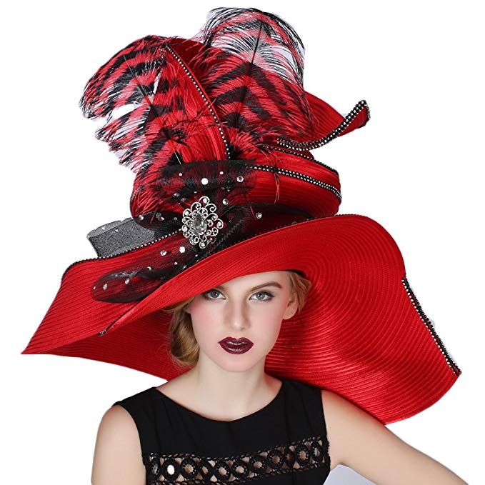 June's Young Women Hats Large Brim Large Feather Church Party Fedoras Red