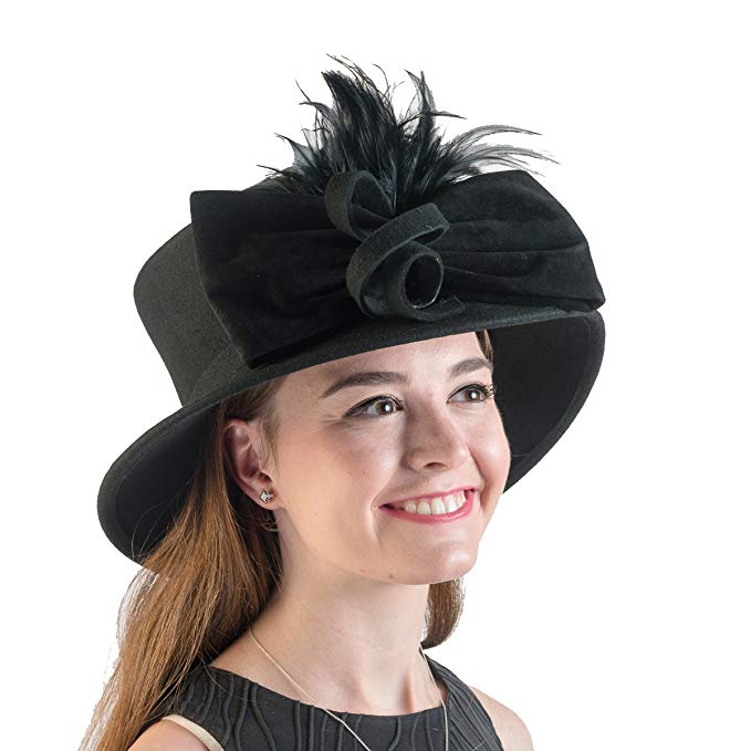 466493 - Wool Felt Hat trimmed with large felt bow and feather