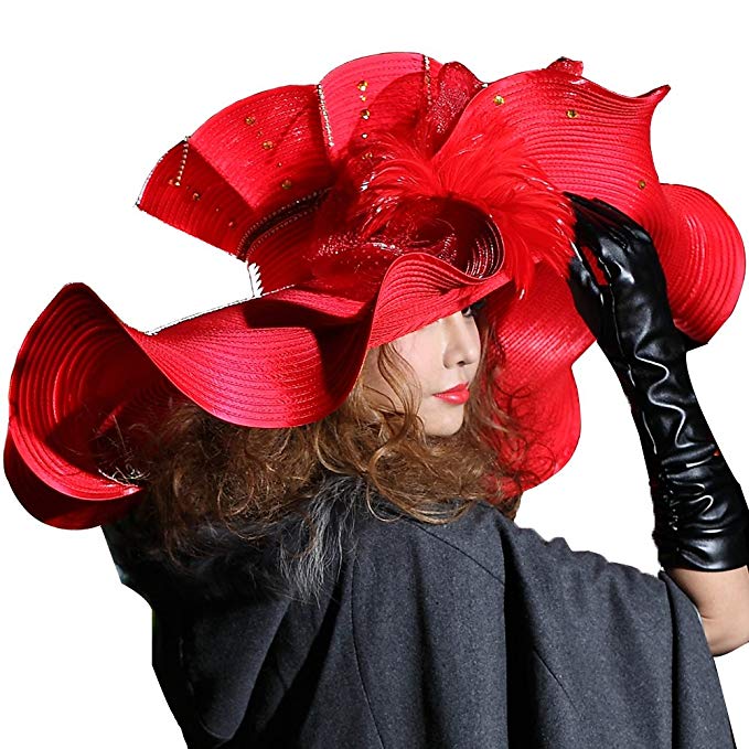 June's Young Women Hat Church Hat Big Wave Brim Exaggerated Big Feather Red