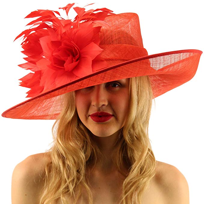 Glorious Side Flip Sinamy Floral Feathers Derby Floppy Dress Wide Brim Hat