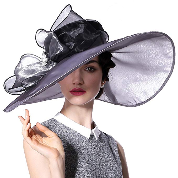 June's Young Women Hat Sun Hat Organza Fashion Hat Big Bow (Silver /Black)