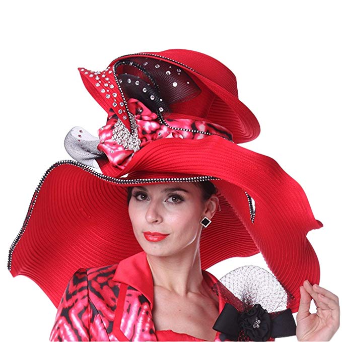 Kueeni Women Summer Hats Wide Brim Big Red Color Diamond Casing For Church Party