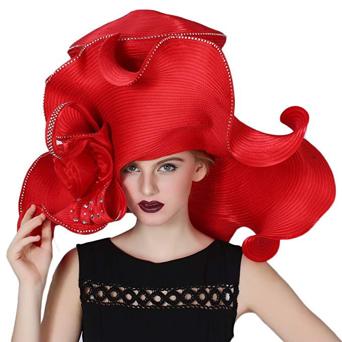 June's Young Women's Hats Church Hat Dressy Formal Hats Large Brim Red Color