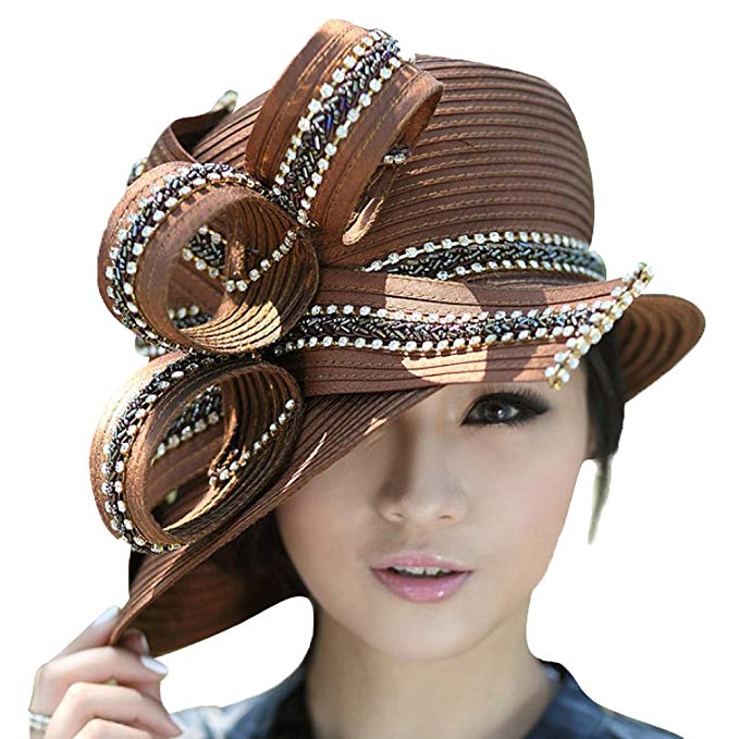 June's Young Elegant Church Hat for Women Satin Hat Fabric Twist Hat Bow (Brown)