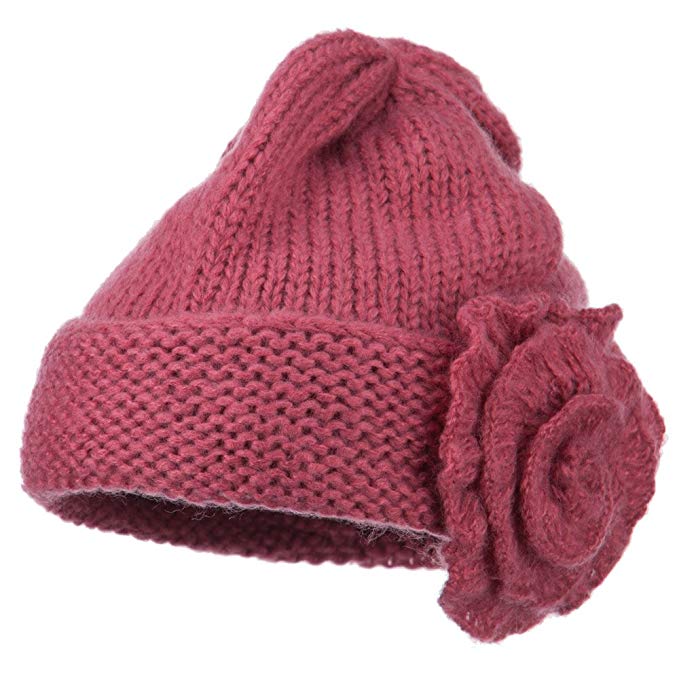 Ladies Flower Accent Cuff Beanie - Pink