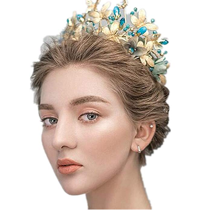 Wiipu Gold Butterfly Turquoise Crystal Rhinestone Flower Bridal Tiaras,5.9