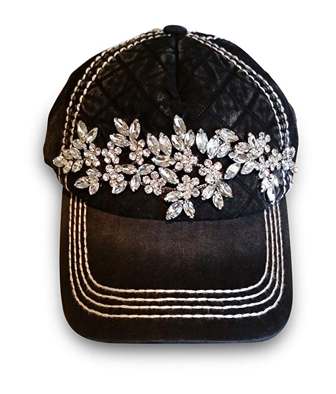 Olive & Pique Women's Rhinestone Flower Quilted Bling Baseball Cap