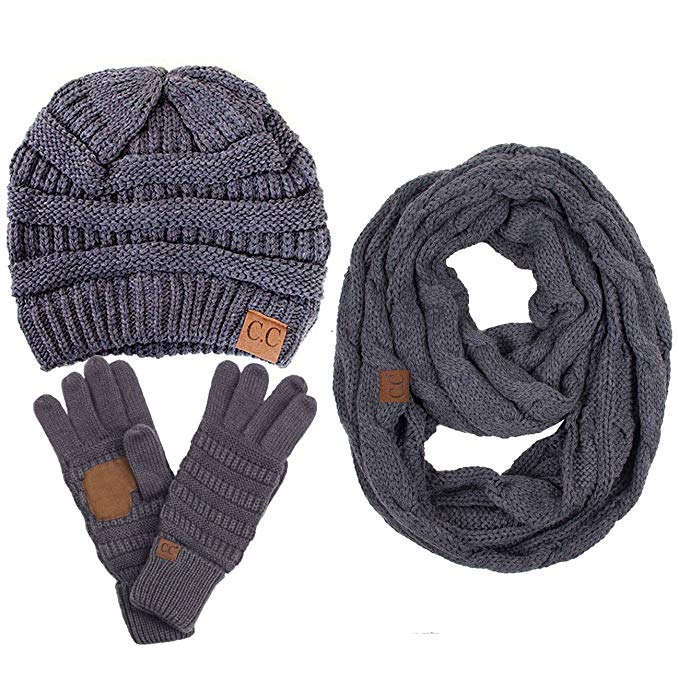 ScarvesMe CC 3pc Set Trendy Warm Chunky Soft Stretch Cable Knit Beanie Scarves Gloves Set