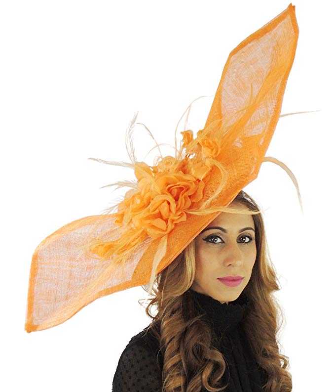 Large 34 Inch Elisaveta Sinamay, Silk and Feather Ascot Fascinator Hat - With