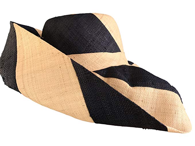 XXL Head Black and Natural Raffia Big Brim Striped Hat from Madagascar by Goal 2020