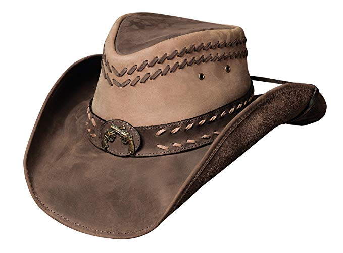 Bullhide Hideout Leather Outback Hat with Two-Gun Center Concho 4019BC