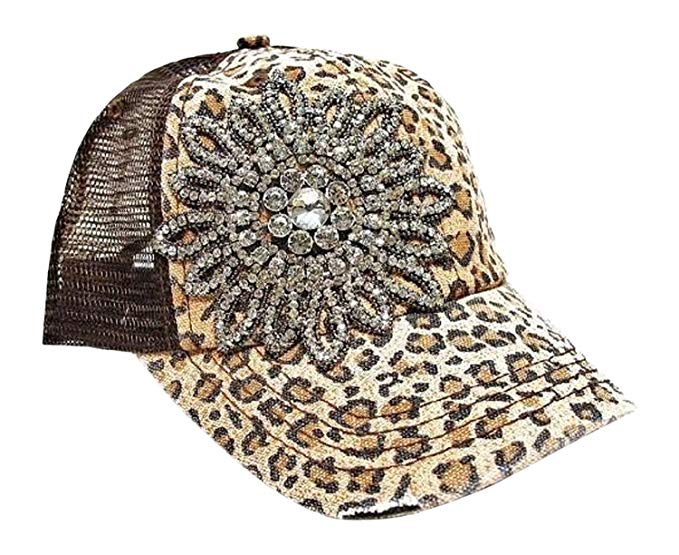 Womens Olive & Pique Large Rhinestone Flower Cheetah Print Trucker Cap