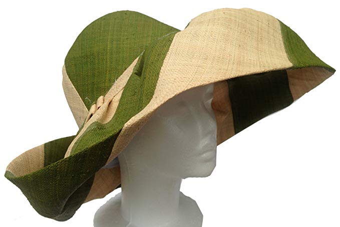 Madagascar Raffia Sun Hats - Wide Striped Olive Green & Natural - XL Head Size