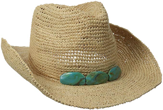 Physician Endorsed Women's Trini Crochet Cowgirl Sun Hat Trimmed with String & 3 Stones & Memory Wire Brim
