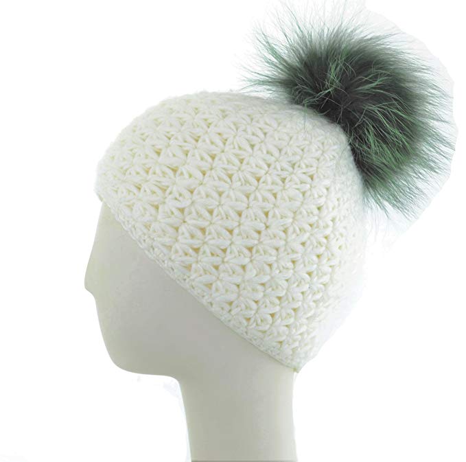 Surell Genuine Knit Hat with Fox Fur Pom - Winter Fashion Ear Warmers - Perfect Elegant Women's Luxury Gift