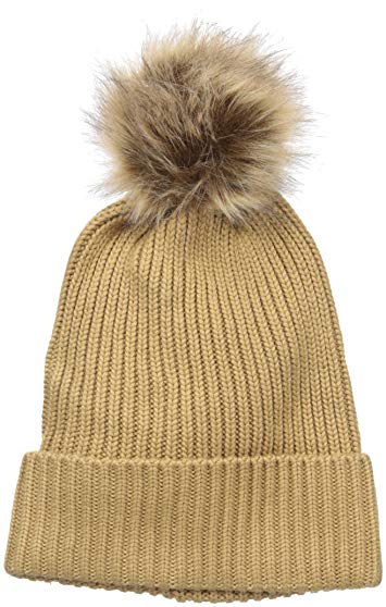 Badgley Mischka Women's Rib Knit Beanie with Faux Fox Pom,