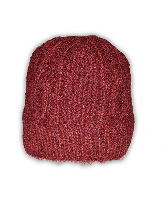 Invisible World Women's 100% Alpaca Wool Hand Knit Cabled Beanie Hat Scarlet